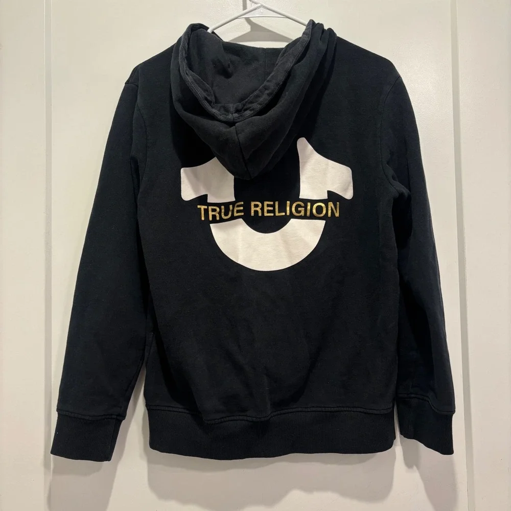 True Religion Mens Black Gold Horseshoe Logo Zip Up Hoodie Sweatshirt Size S/P